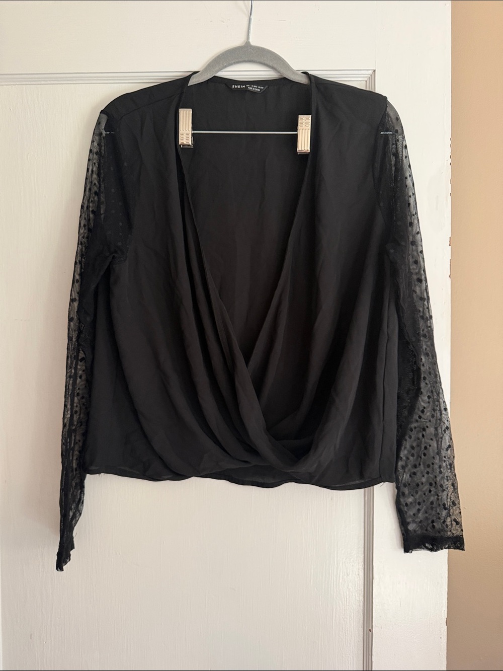 SHEIN Black Draped Wrap Blouse with Sheer Dot Sleeves